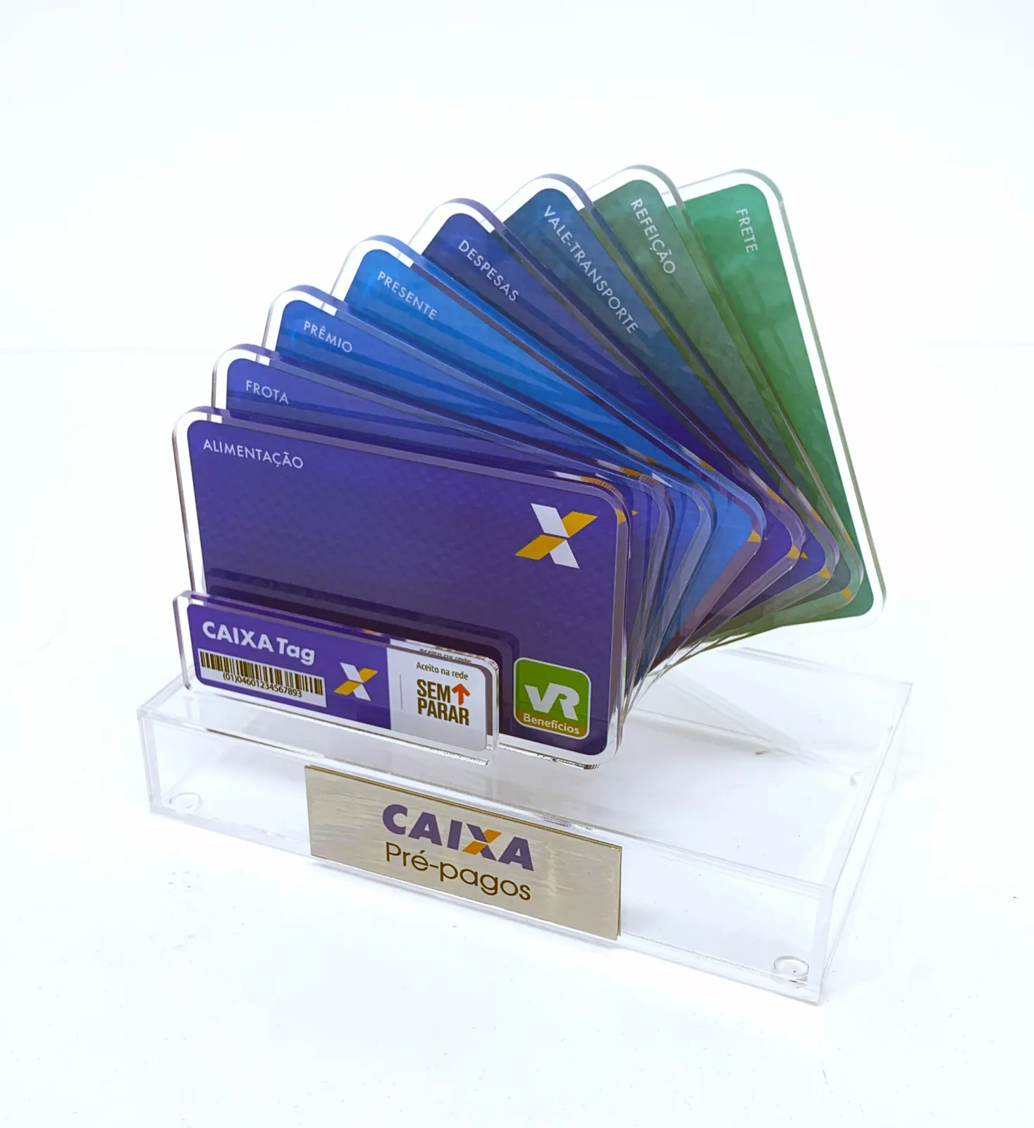Troféu Caixa cartões. Leque de cartões em acrílico