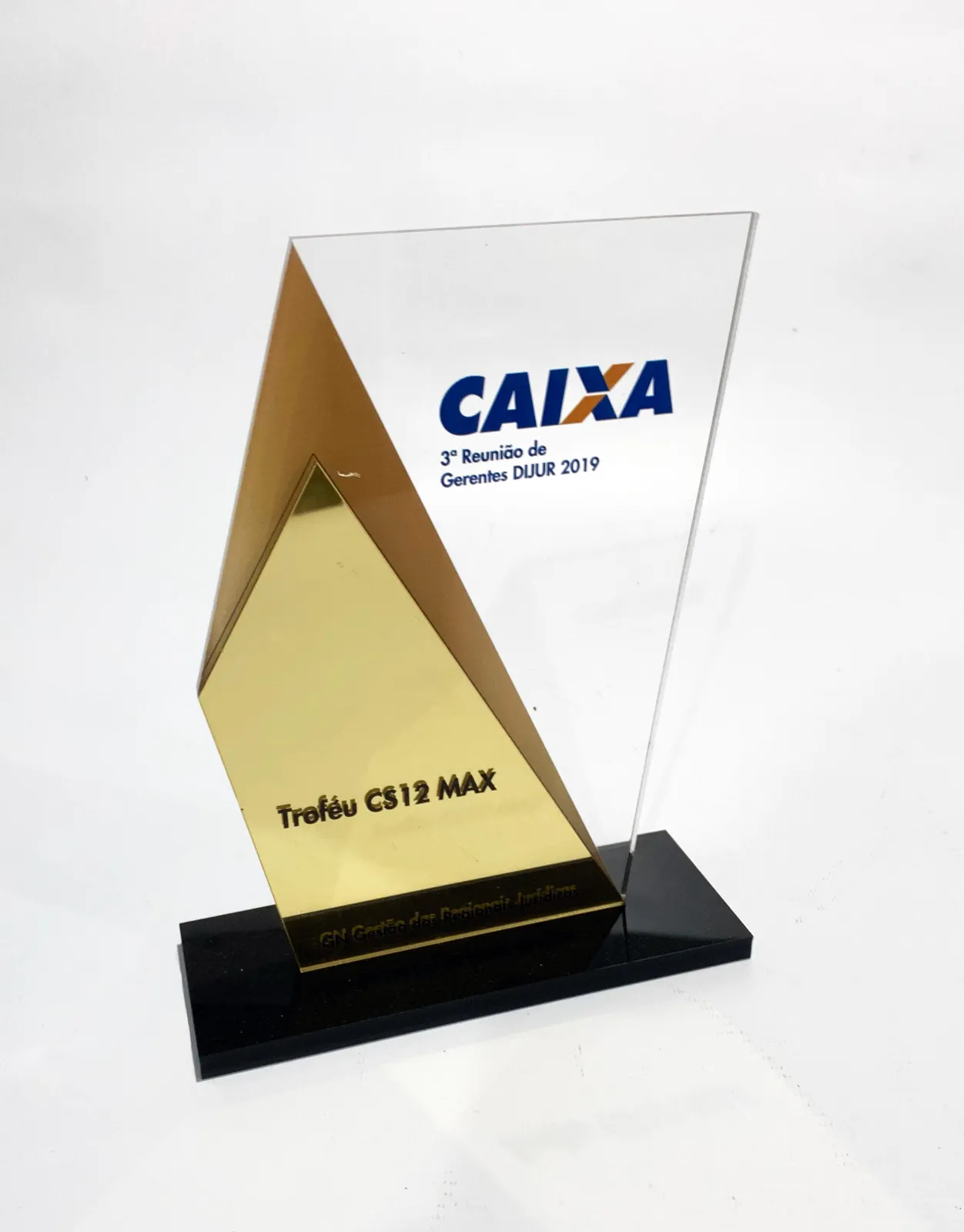 Troféu Caixa dourado. Acrílico espelhado