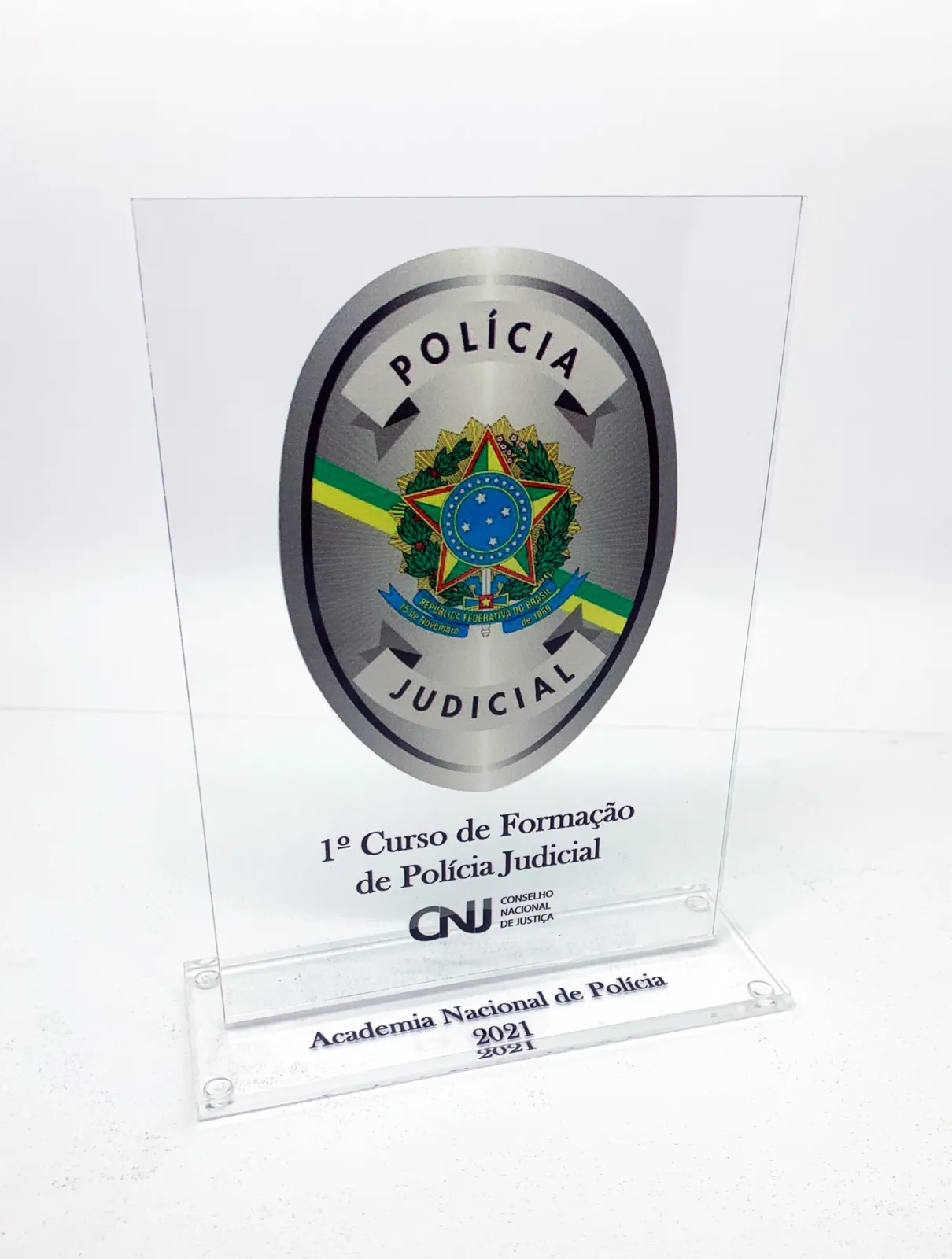 Troféu Polícia Judiciária. Acrílico cristal com UV